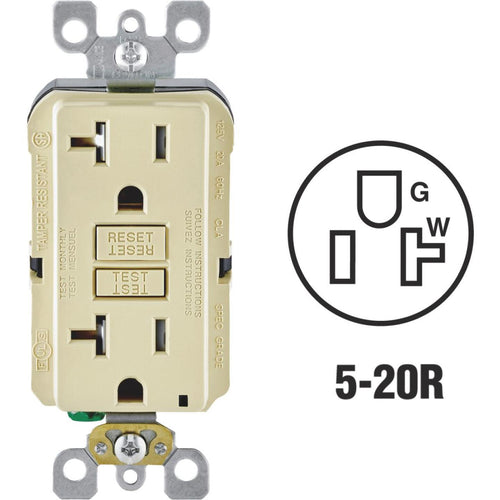 Leviton SmartlockPro Self-Test 20A Ivory Commercial Grade Tamper Resistant 5-20R GFCI Outlet