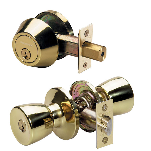 Master Lock Residential Grade 3 Door Hardware Tulip Style Knob Entry Door Lock with Single Cylinder Deadbolt; Combo Pack; Polished Brass (2.12