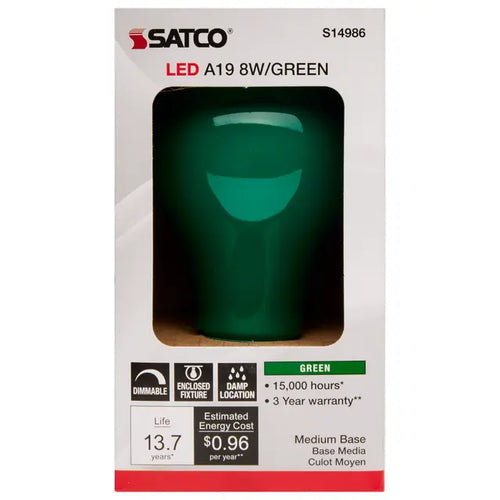 Satco S14986 8A19/GREEN/LED/E26/120V
