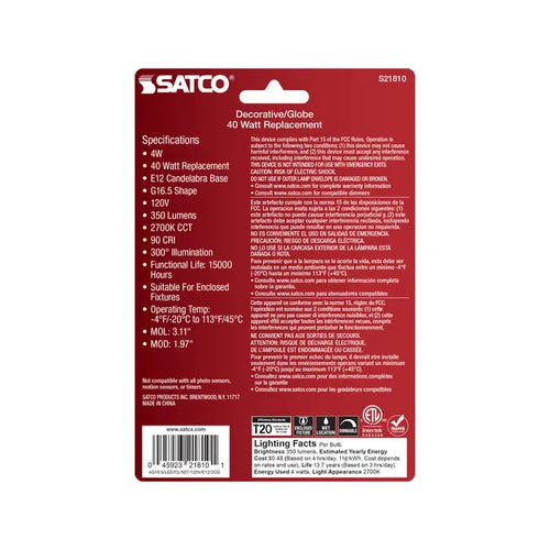 Satco S21810 4G16.5/LED/CL/927/120V/E12/2CD