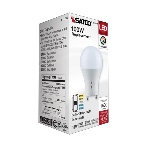 Satco S11796 14 Watt A19 LED Bi Pin GU24 Base CCT Selectable 120 Volt White Finish