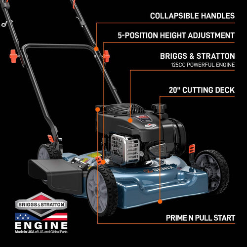 Senix 20 125cc 4-Cycle Briggs & Stratton Engine Gas Push Lawn Mower with Side Discharge