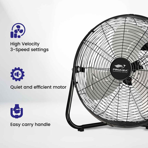 Proaira 14 High Velocity Cradle Floor Fan 3 Speed Control Black